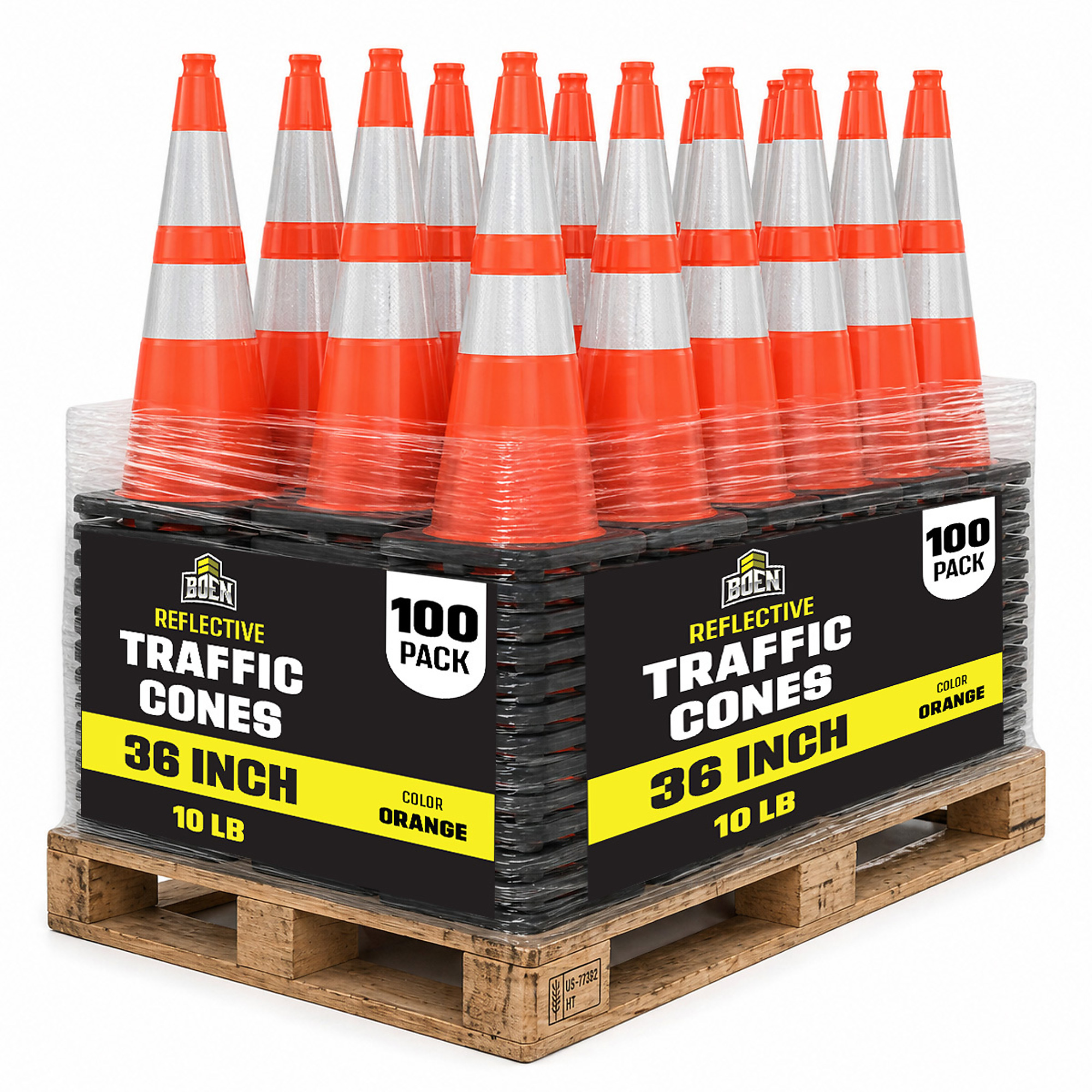 Boen 36 in, Orange Traffic Cones, 100-Pack, MUTCD Compliant Traffic Cones with 2 Reflective Collars & 10 lb. Base for Road Work, Parking & Traffic Control